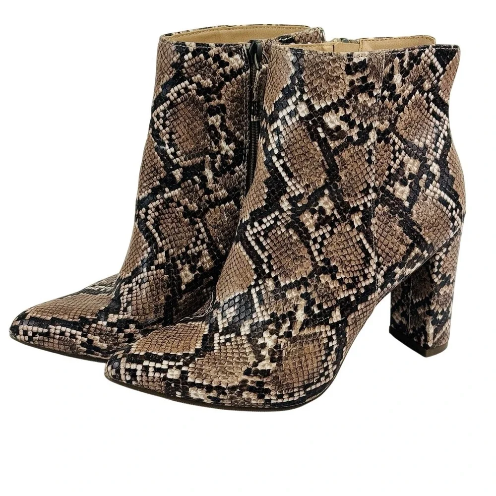 Womens Snakeskin Print Pointed‎ Toe Block Heel Ankle Boots Brown 9